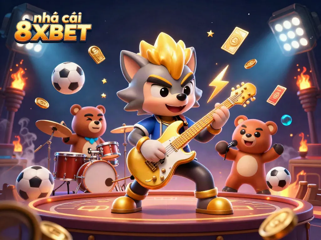 Experience the excitement of nhà cái 8XBET with a vibrant casino scene featuring a rock star wolf and dynamic sports elements.