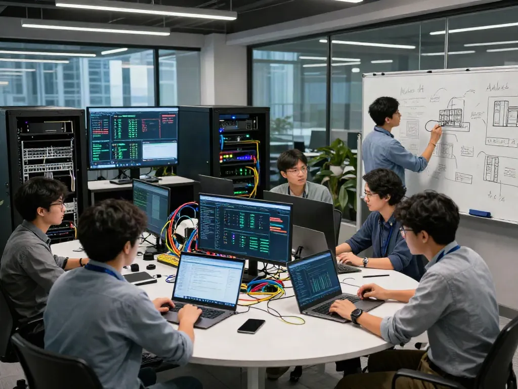 Tim IT berdiskusi strategi pengelolaan ServerPG di ruang kerja modern.