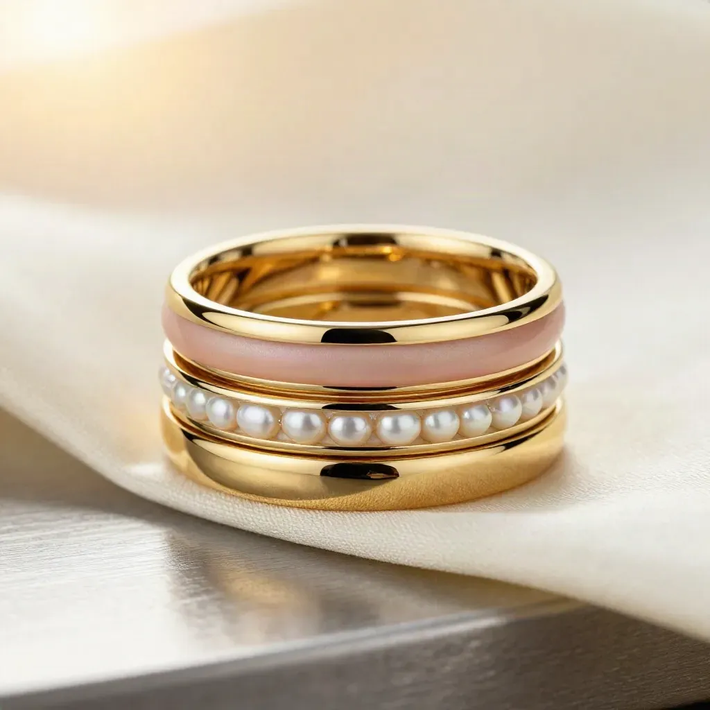 Stackable gold, blush, and pearl rings on silk and ceramic in a macro studio close-up.