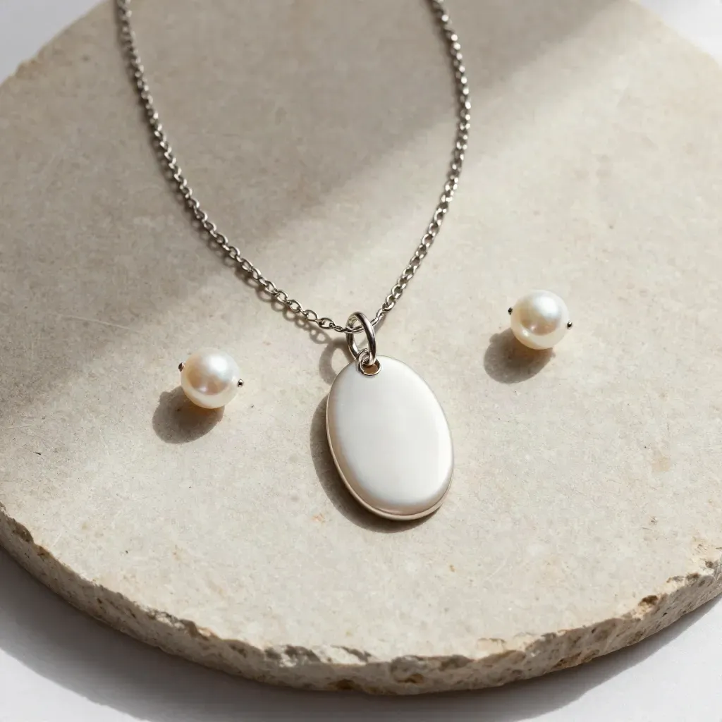 Overhead oval name charm necklace with chain, jump ring and pearl beads on matte limestone.