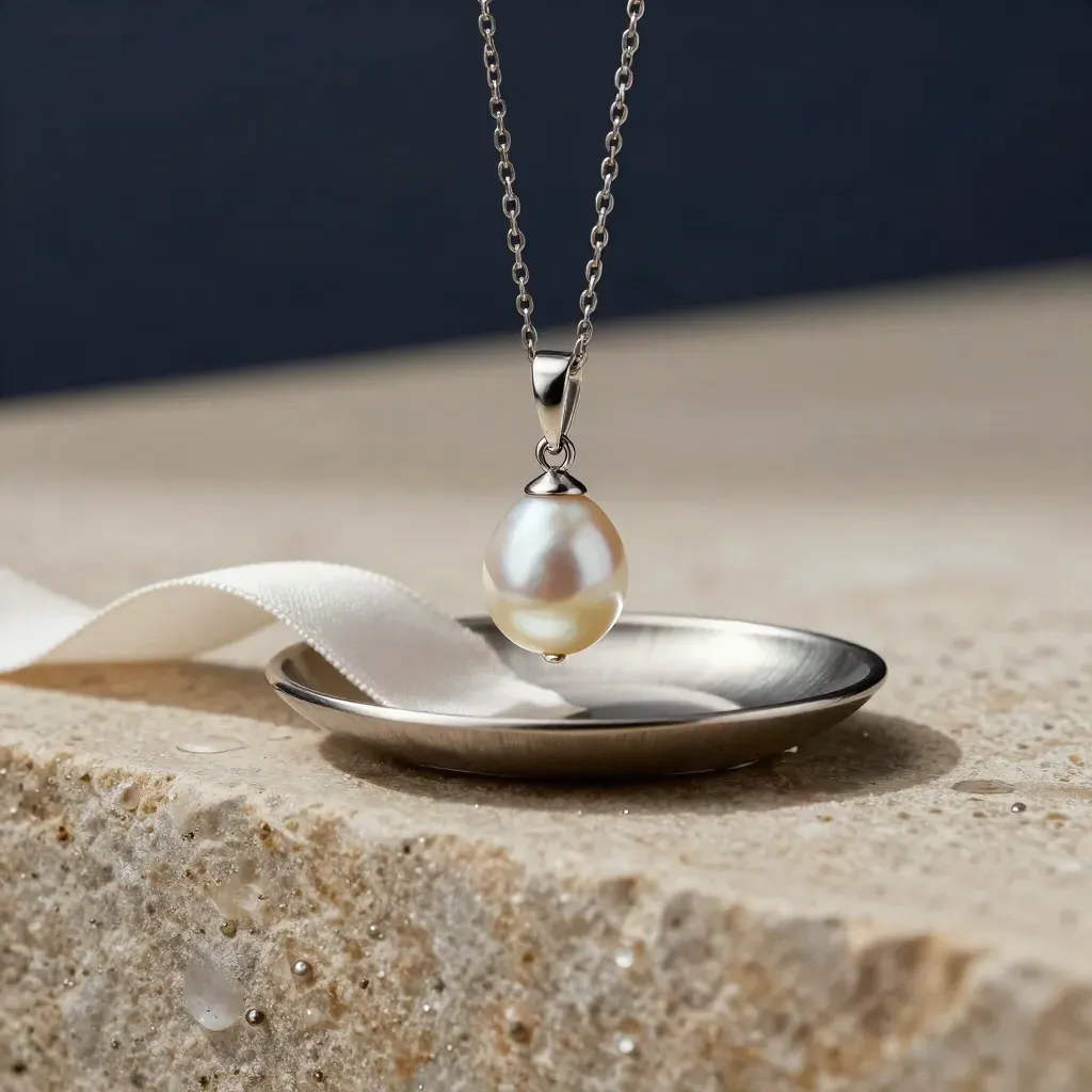 Pearl drop pendant over wet stone with ribbon fold and metal tray edge