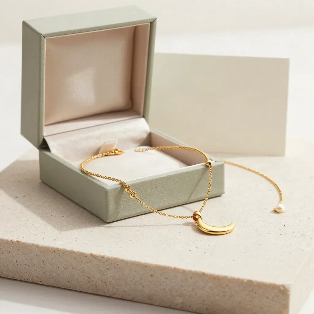 Gold charm bracelet set with necklace and gift box on pale stone in soft morning light