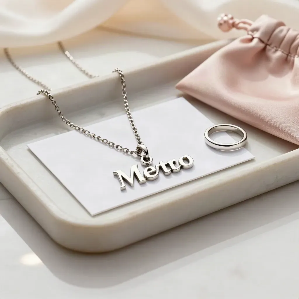 Custom charm necklace beside a gift card, clasp ring, and silk pouch on marble