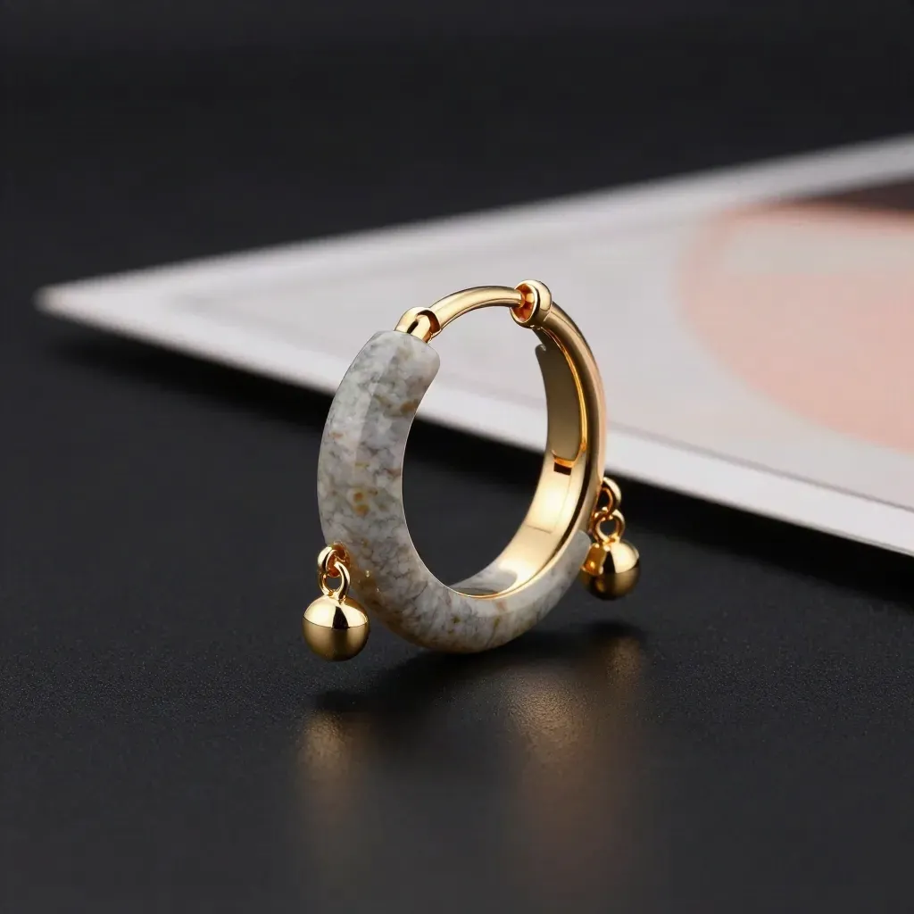 Gold charm hoop set on black surface with stone riser, blush glow, and haze