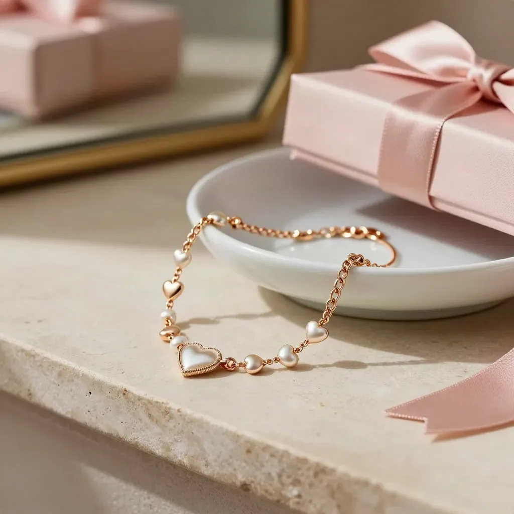 Heart charm bracelet on blush cloth beside a shallow dish, softly lit in a luxe jewelry setting.