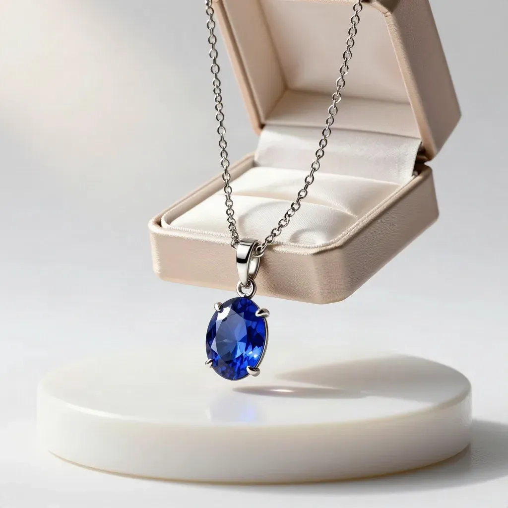 Birthstone charm chain with blue stone, secondary chain, and open box on pearl-white backdrop.