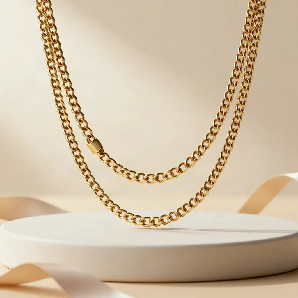 Layered gold necklace draped over a brushed ceramic form in soft airy light.