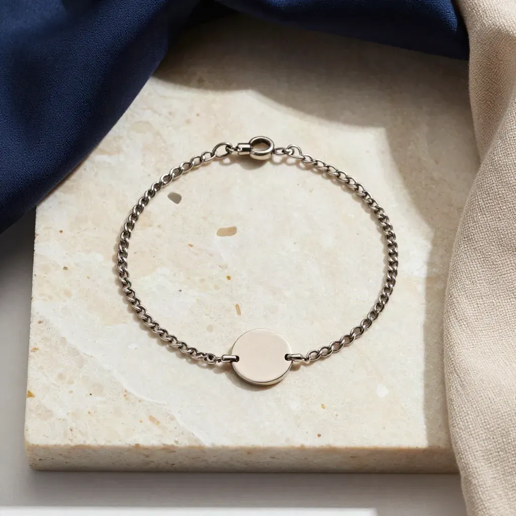 Overhead bracelet on travertine with linen corner and soft navy accent.