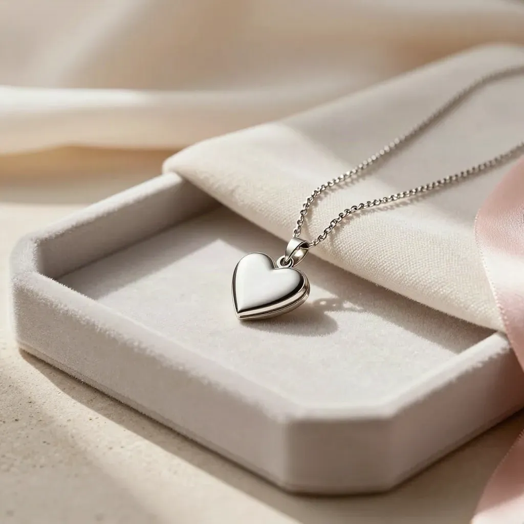 Heart locket necklace in an open velvet tray with linen wrap and blush pink accents.