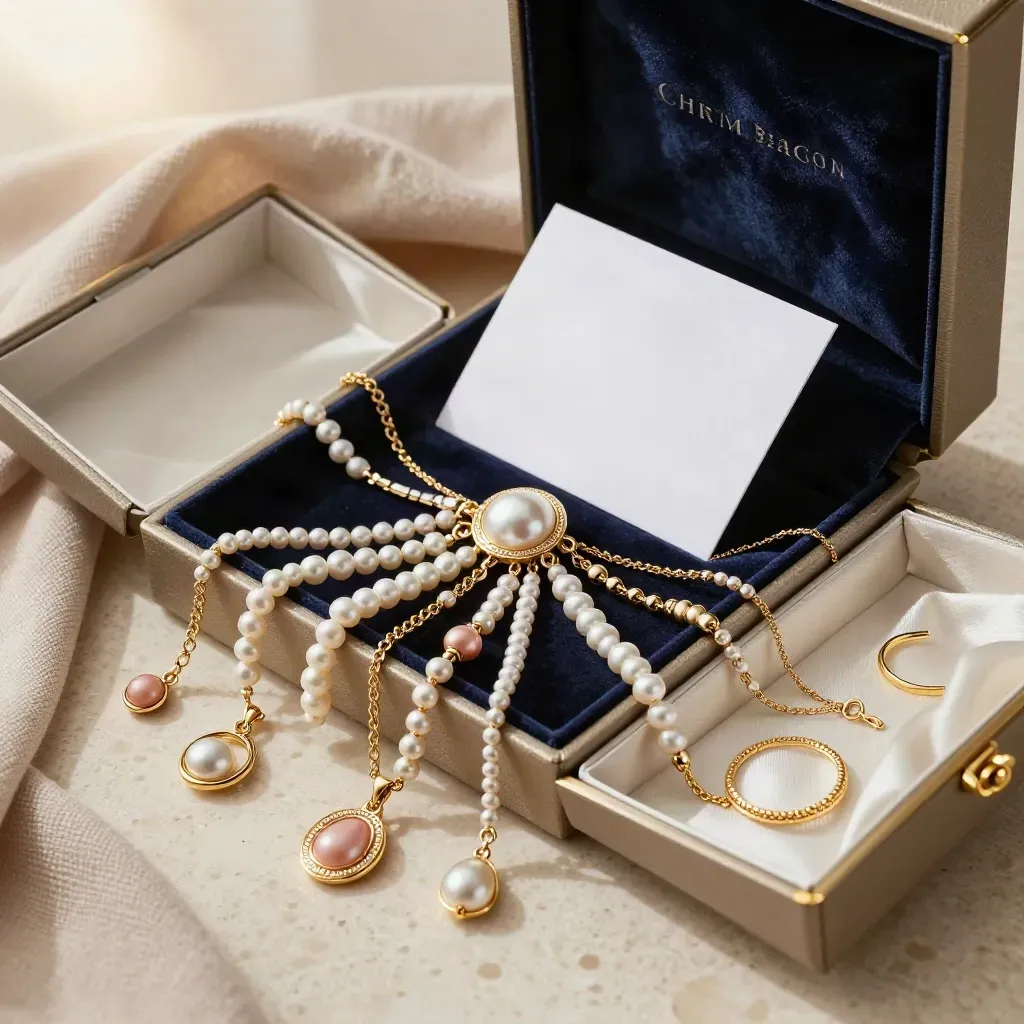Luxury charm jewelry gift sets fanned from an open navy-lined box on creamy travertine, softly lit.