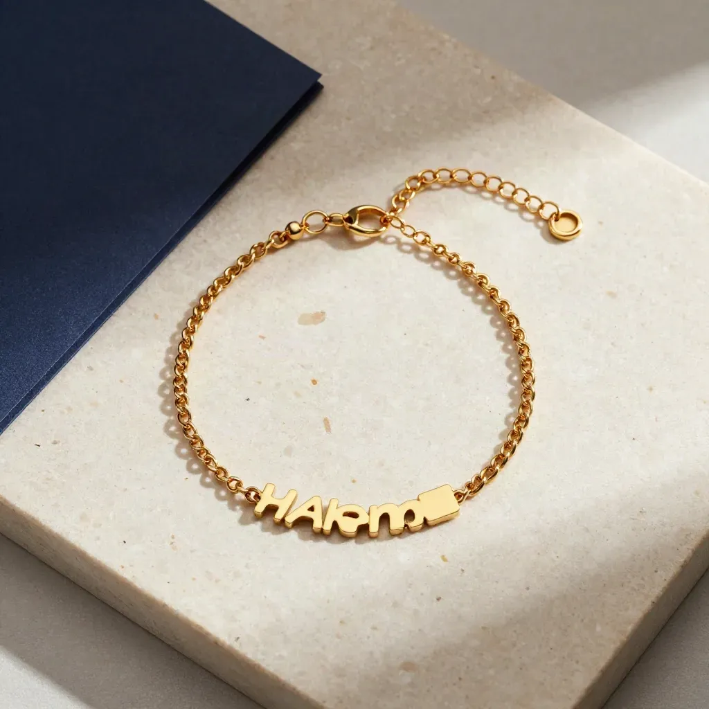 Overhead flatlay of a custom name bracelet with charm tag, clasp ring and navy card on pale stone.