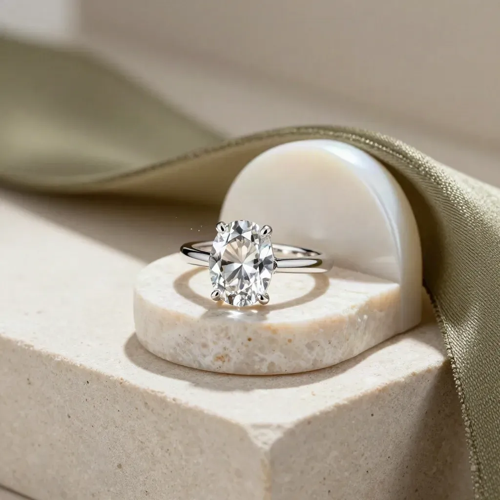 Birthstone ring on travertine pedestal with spare band and pearl backdrop