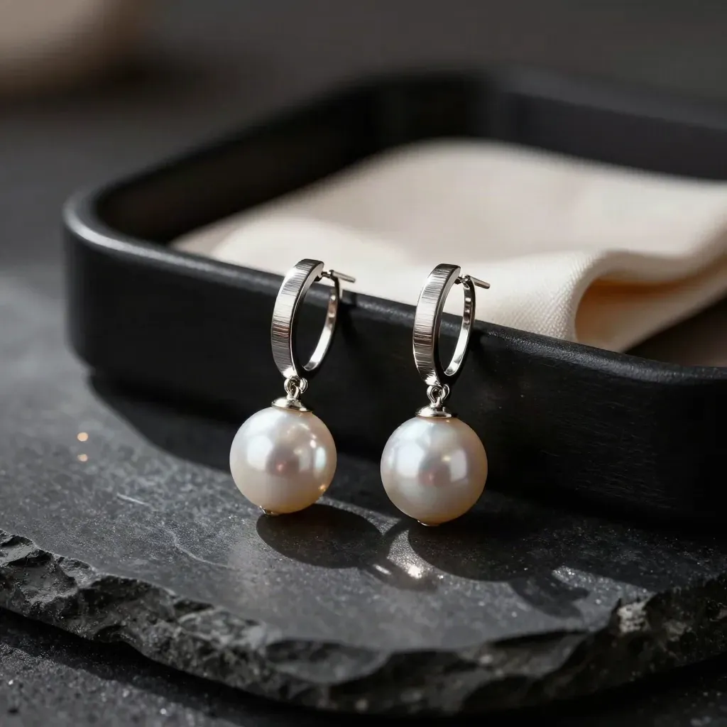 Pearl charm hoops with silk fold and tray in luxe dark studio