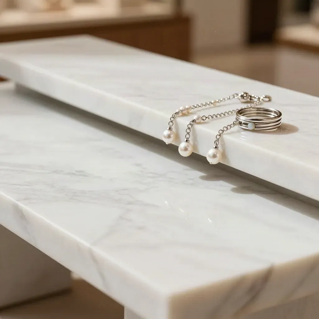 White marble bench with two charm bracelets and ring stack in upper-right light.