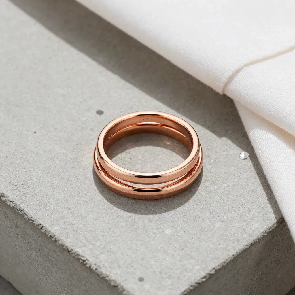 Overhead rose-gold ring stack with a pearl-white textile fold on cool concrete.