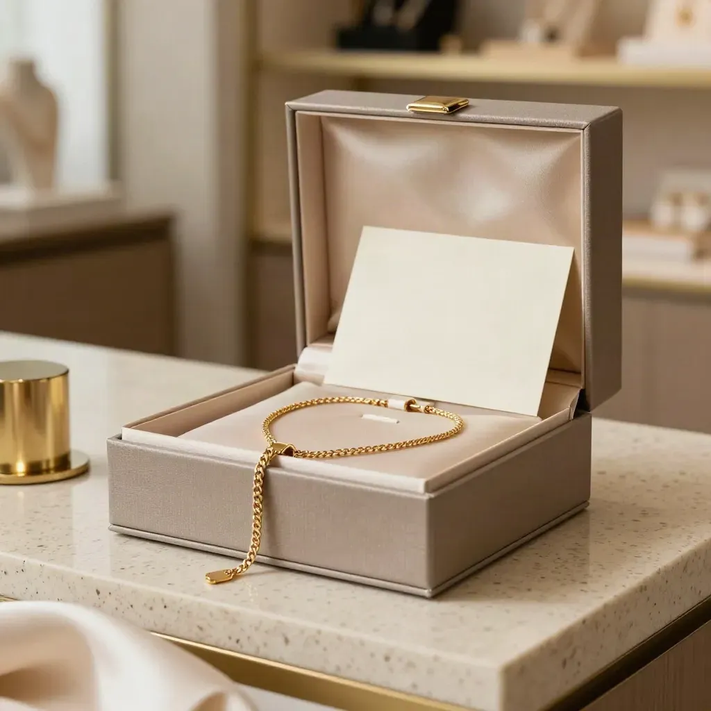 Open gift box jewelry set with bracelet, necklace, charm recess and note card on travertine.