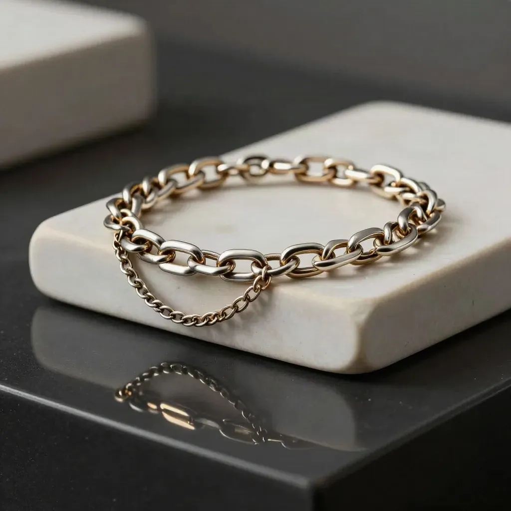Layered link bracelet on pale ceramic blocks with gold rim light and a black reflective base.