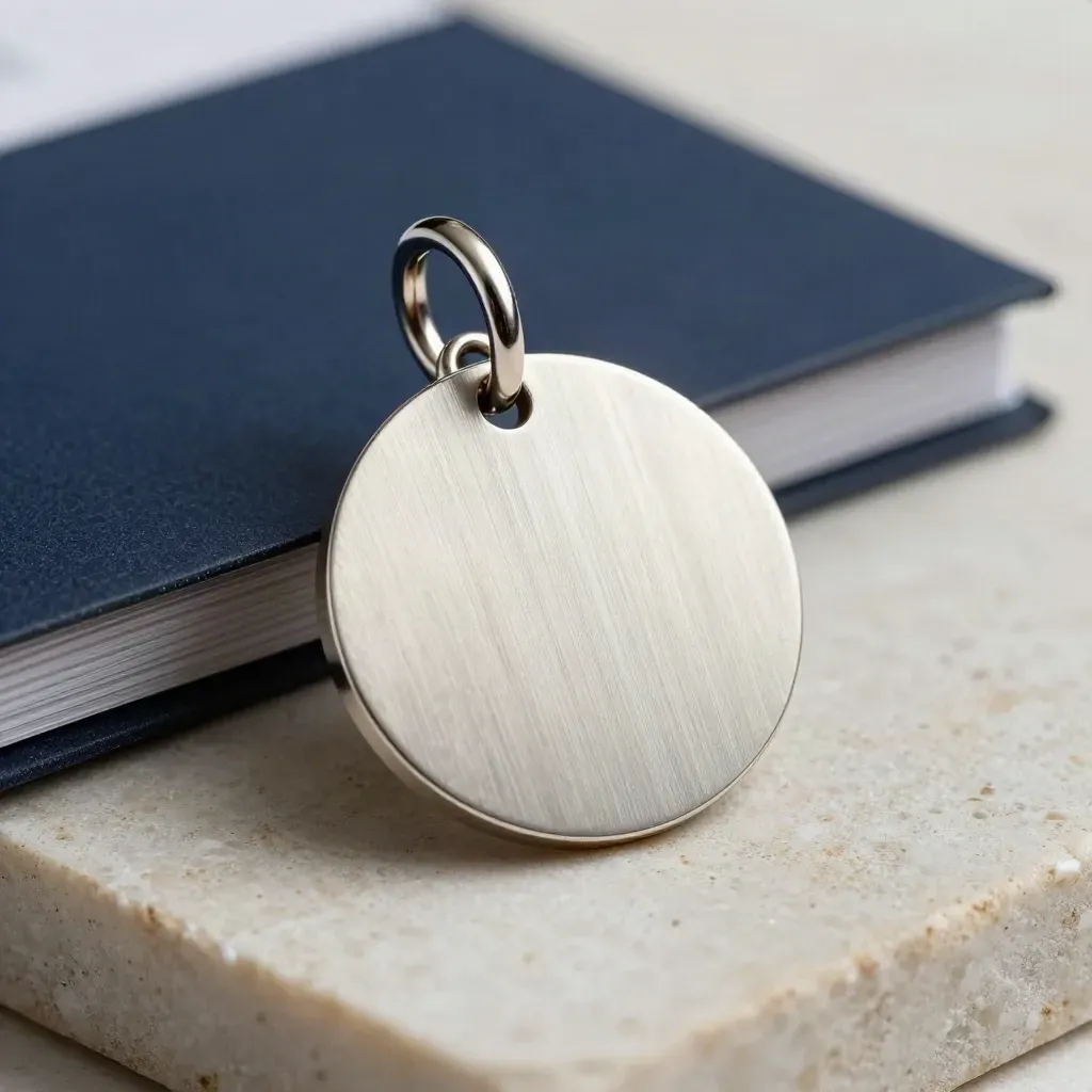 Macro close-up of a single disc charm with jump ring and brushed metal support.