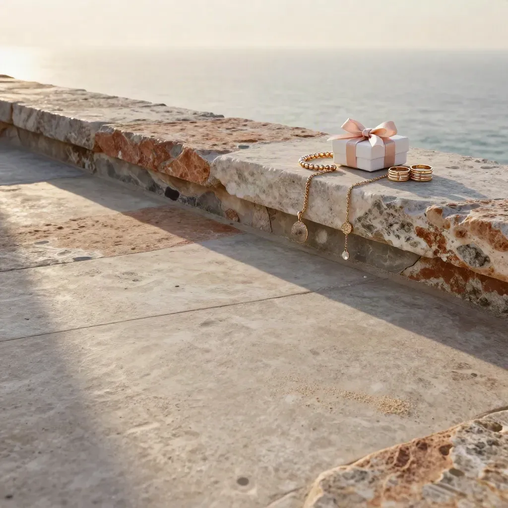 Gift jewelry on a sunlit coastal stone terrace with calm open space below