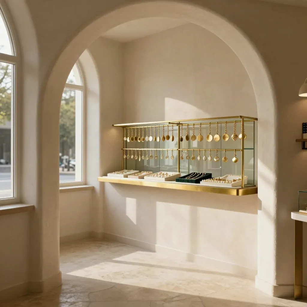 Arched boutique interior with small gold charm display and calm floor space for copy.