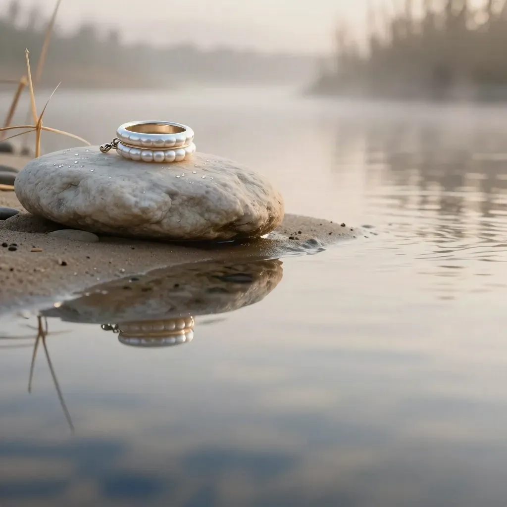 Dawn river rock with pale reeds and stacked rings in a misty jewelry vignette.