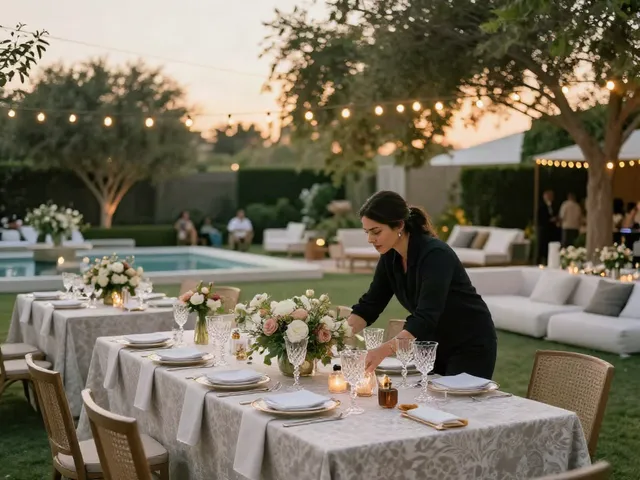 Charming outdoor event setup showcasing premium event rental ksa with elegant tables, luxurious furnishings, and ambient lighting.