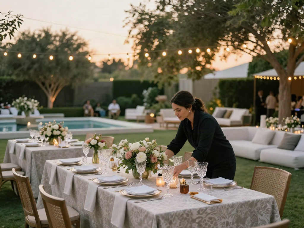 Charming outdoor event setup showcasing premium event rental ksa with elegant tables, luxurious furnishings, and ambient lighting.