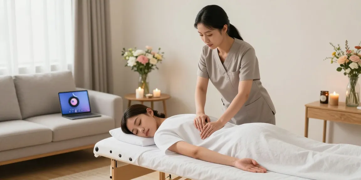 Home massage session demonstrating 관악구출장안마 service with a relaxing atmosphere and professional therapist engaged with a client.