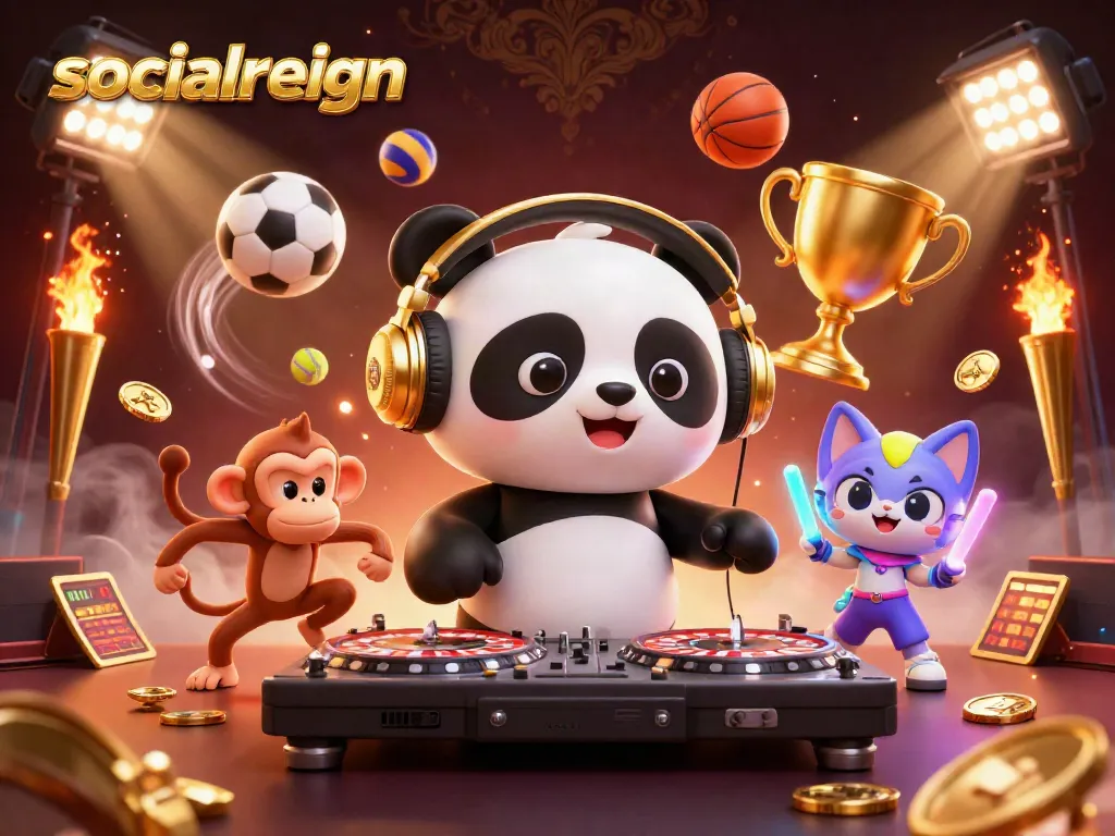 Engage with socialreign's vibrant casino scene featuring a DJ panda, dancing monkey, and playful kitten amidst festive gambling elements.