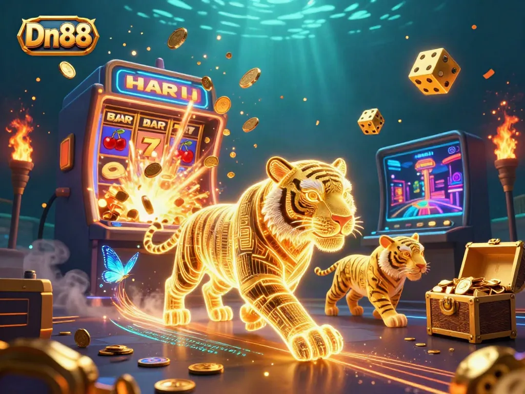 Engage with Dn88's vibrant digital casino scene featuring a neon golden tiger amid a jackpot explosion.