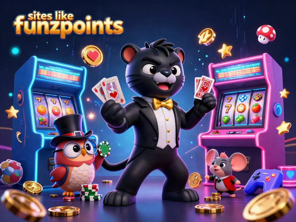 Engage with sites like funzpoints, featuring a dynamic casino-themed scene with a tuxedoed panther, owl, and mouse.