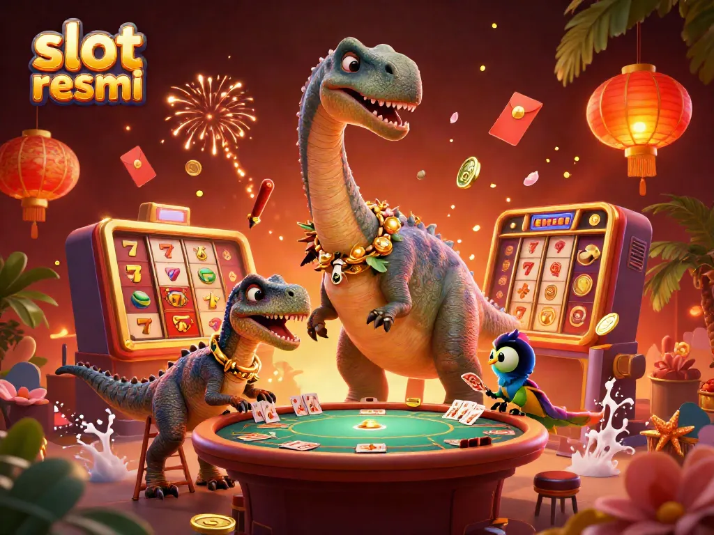 Experience the thrill of the slot resmi gaming scene with a dinosaur-themed illustration featuring a playful brontosaurus and raptor dealing cards.