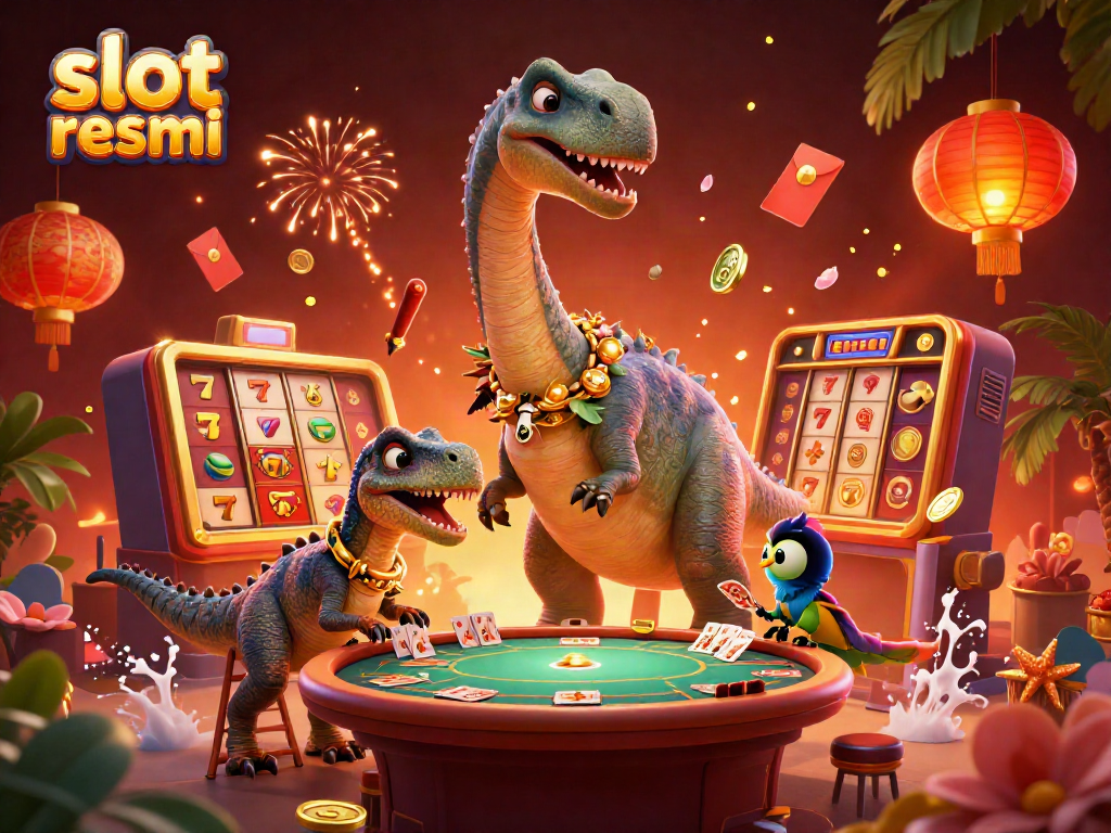 Experience the thrill of the slot resmi gaming scene with a dinosaur-themed illustration featuring a playful brontosaurus and raptor dealing cards.