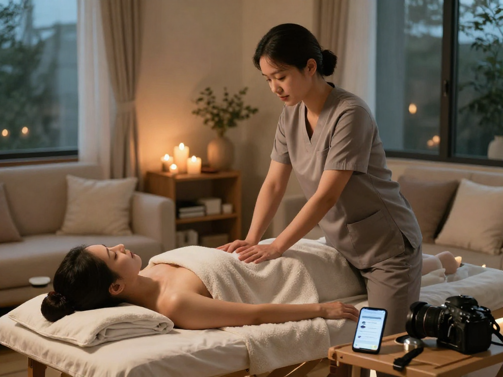 신림출장마사지 in a cozy home environment, professional therapist at work, calming atmosphere.