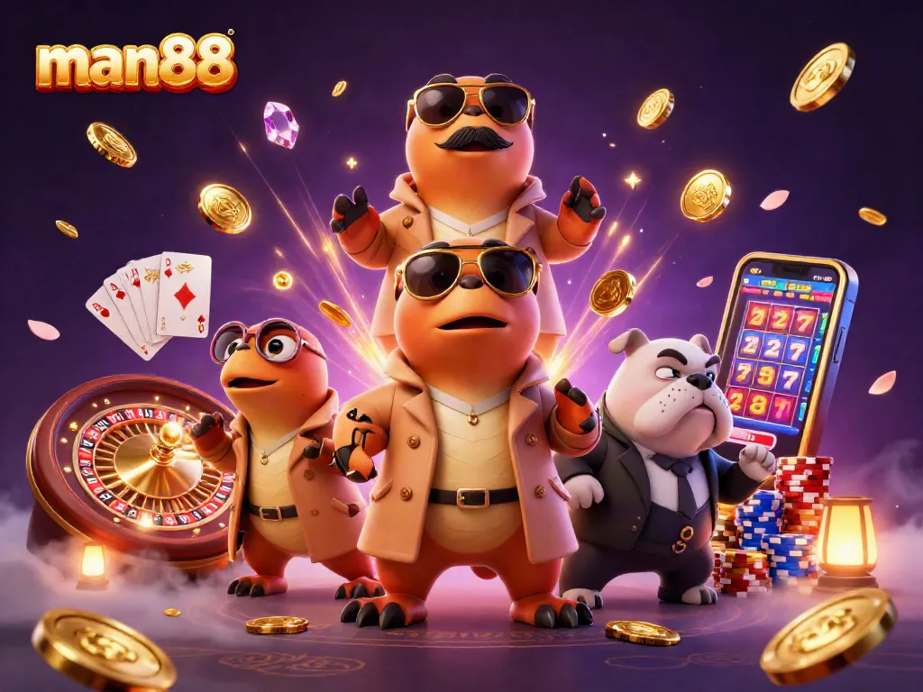 Experience man88 with raptors in disguise entering a VIP casino lounge amidst gold coins and poker chips.