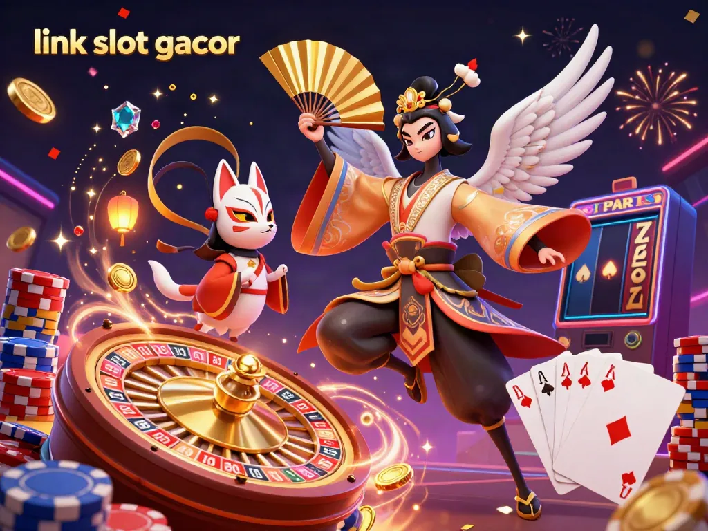 Experience thrilling spins with link slot gacor surrounded by magical characters in a vibrant casino scene.