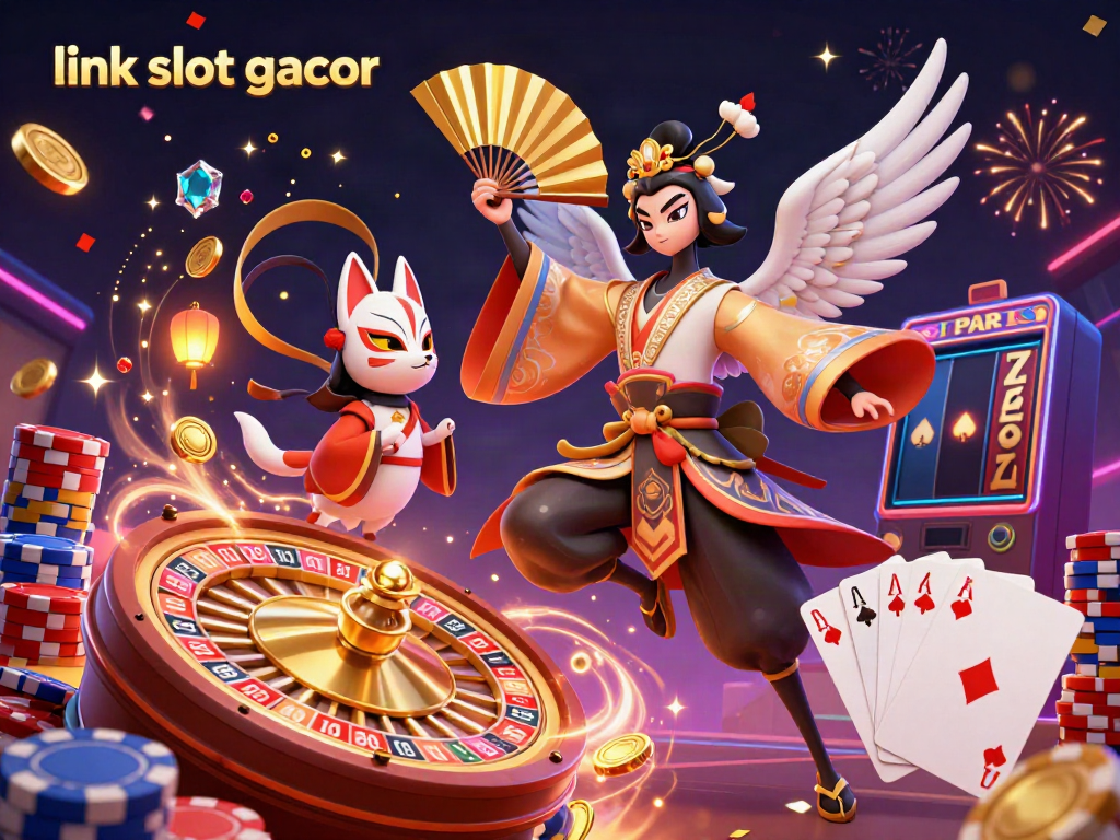Experience thrilling spins with link slot gacor surrounded by magical characters in a vibrant casino scene.