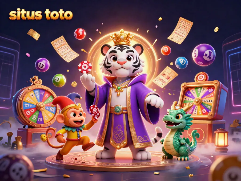 Engage with situs toto as a colorful dynamic lottery scene with animated characters and vibrant casino elements.