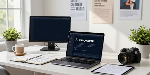 Content strategist using an AI blog post generator in English at a modern workspace.