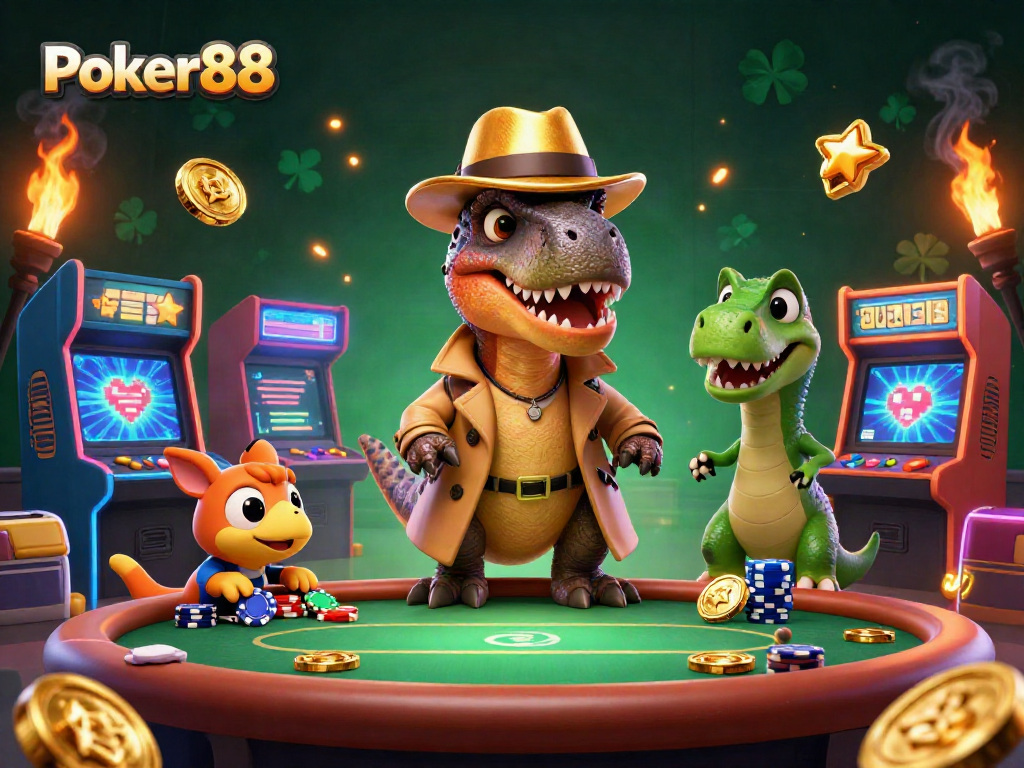 Experience Poker88 with an animated scene of a velociraptor card counter at a poker table, rich in casino elements.