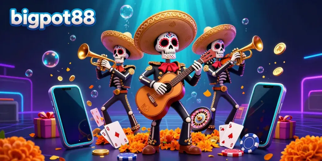 Engage with bigpot88 through this vibrant scene of a mariachi band amidst exciting gambling elements.