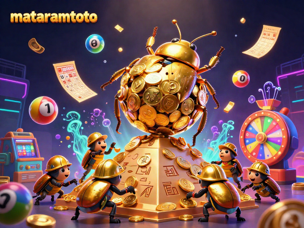 Experience thrilling gameplay at mataramtoto with casino elements like golden coins and colorful lottery balls.