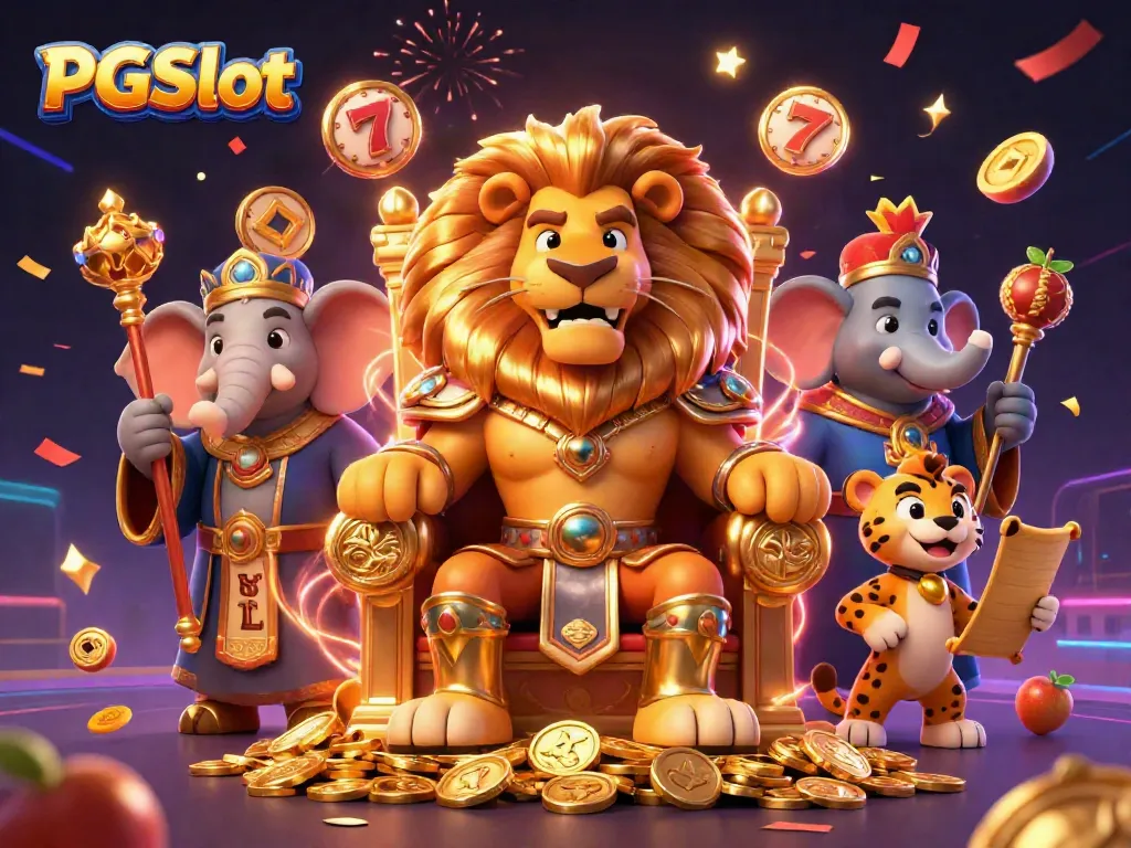Experience the excitement of PGSlot gaming with a vibrant 3D illustration featuring colorful characters and dynamic slot elements.