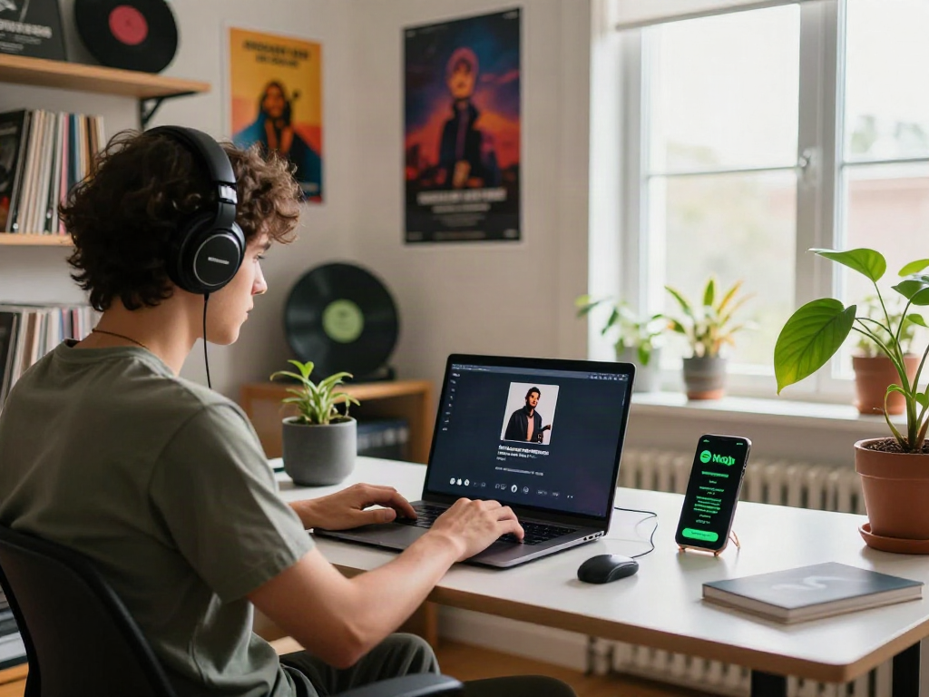 Downloading music with Spotify Mod app in a stylish home office setup
