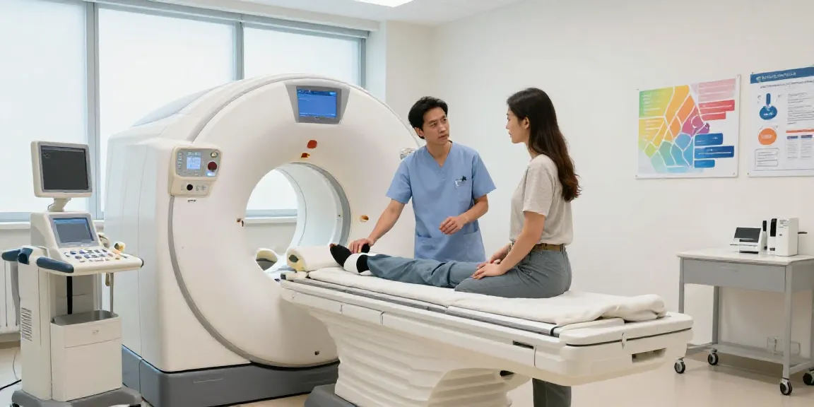 Röntgenreizbestrahlung in der Nähe: Moderne Untersuchungsszene im Diagnostikzentrum mit freundlichem Personal und neuester Medizintechnik.