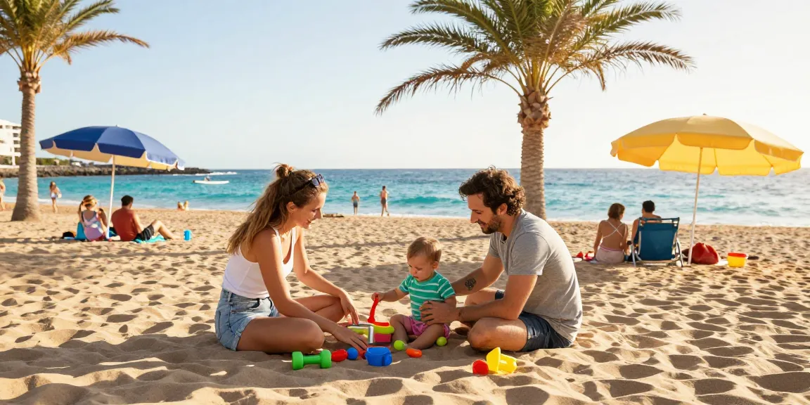 Tenerife Forum family beach day with parents and toddler enjoying the sun.
