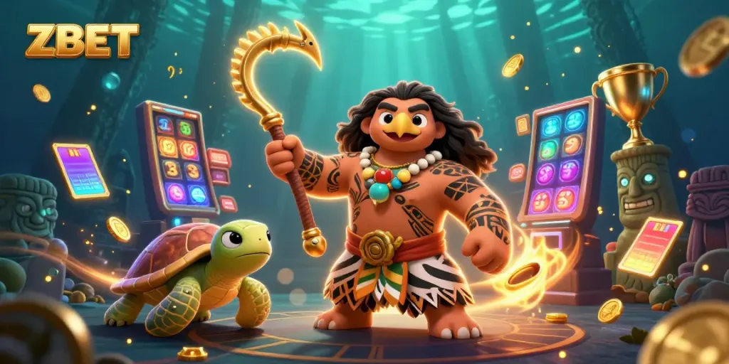 Engage with ZBET's vibrant gaming scene featuring tribal characters amidst dazzling slot and casino elements.