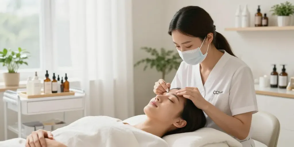 CCeye® treatment in progress for Augenringe entfernen in a serene beauty room.