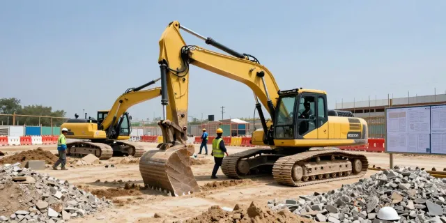 Panafrican Equipment showcased through workers operating heavy machinery at a construction site