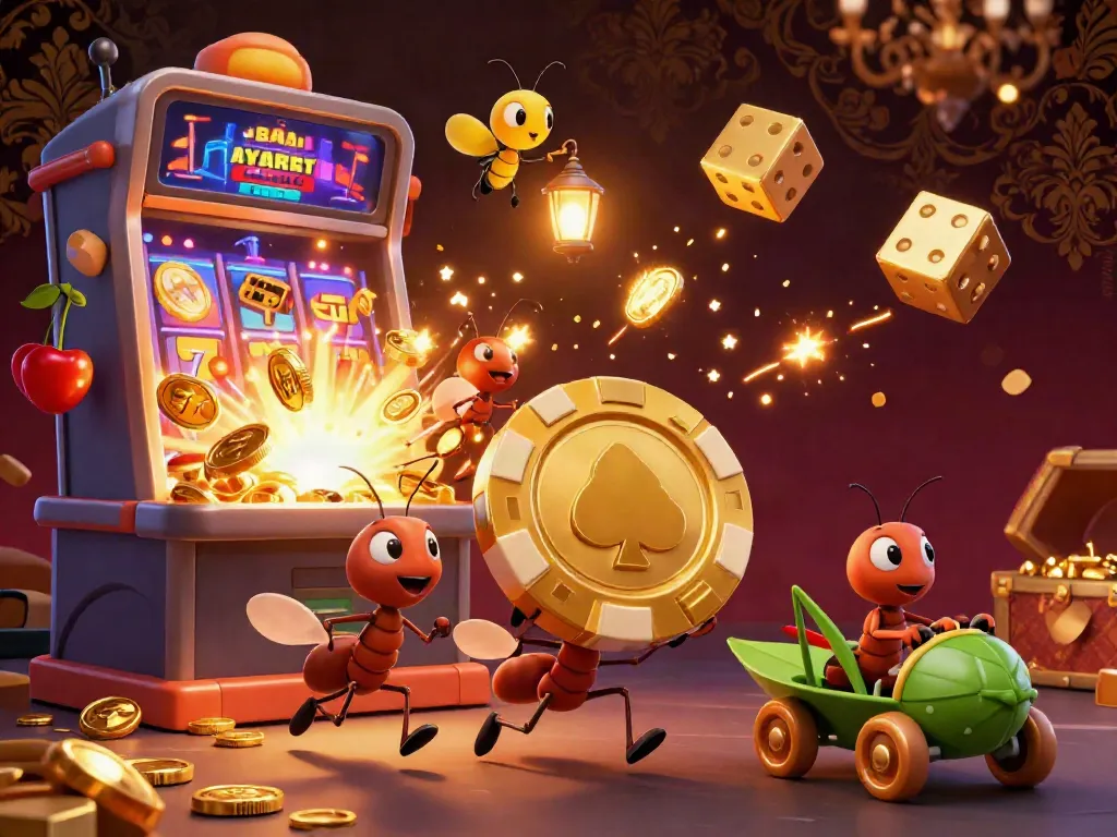 Engage with ok88 gaming excitement featuring ants in a heist with a golden poker chip amidst dynamic slot machine action.